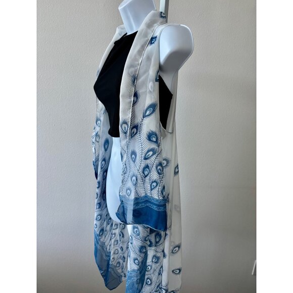 Sheer Cardigan OS Peacock Feather Print Sleeveless Boho Whimsical Beachy Coastal - Picture 8 of 11